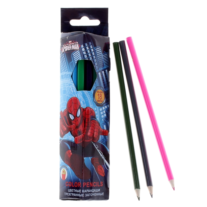 Набор цветных трехгранных карандашей 18 шт Spiderman 17,8 см