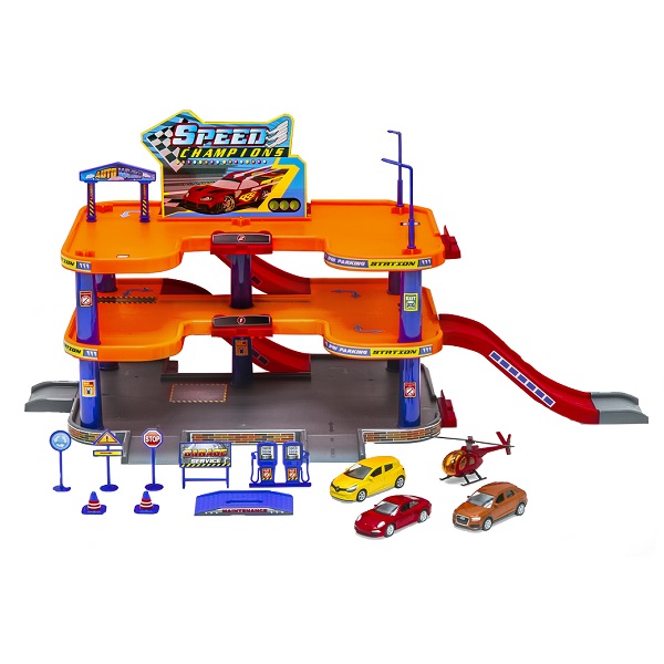 Игровой набор Гараж Welly 3 уровня, включает 3 машины и вертолет