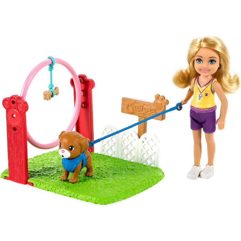 Игровой набор Barbie кукла Челси Дрессировщик собак с питомцем и игровой площадкой