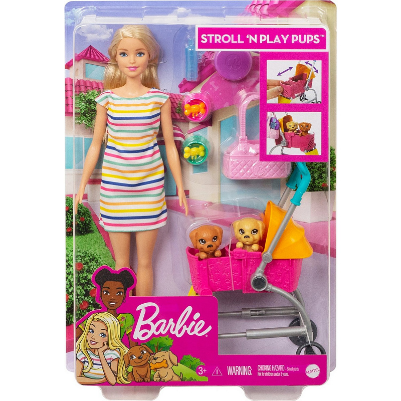 Кукла Barbie с щенком в коляске